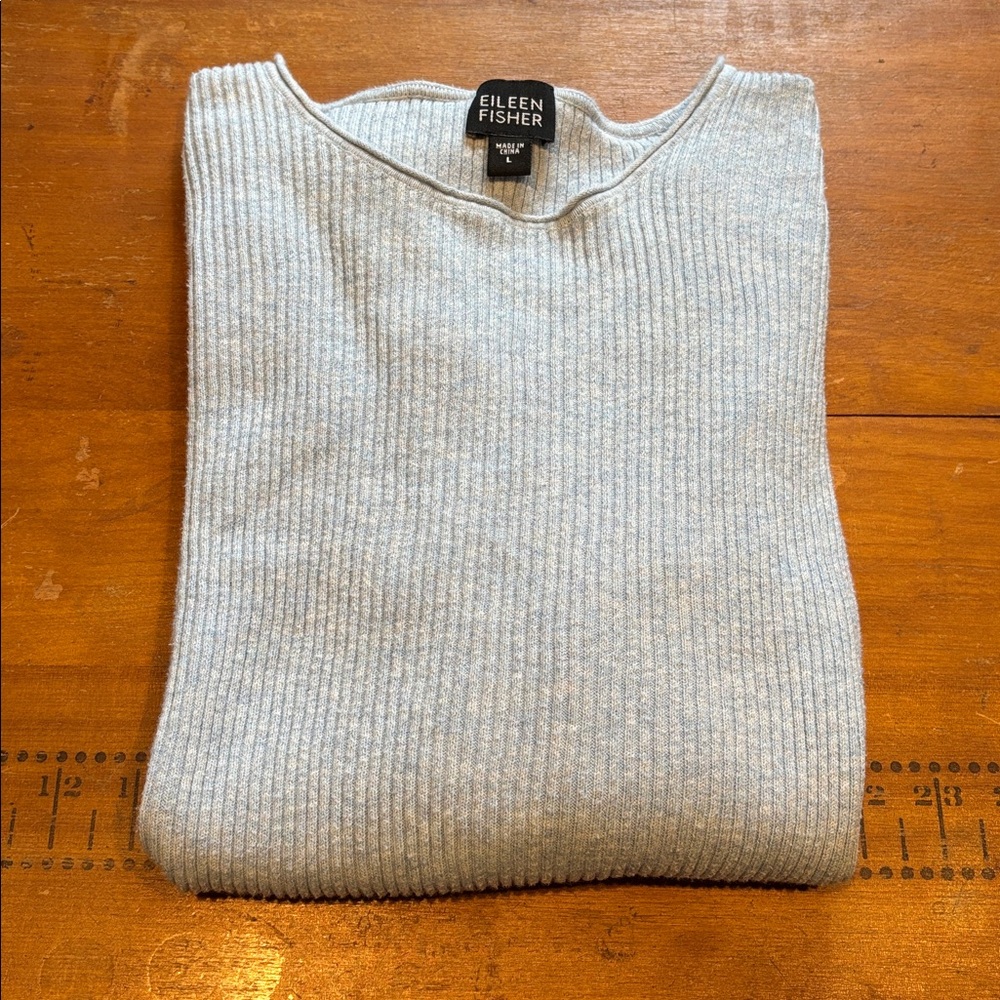 EILEEN FISHER L Blue Heather Scoop Neck Ribbed Long Sleeve Knit Top